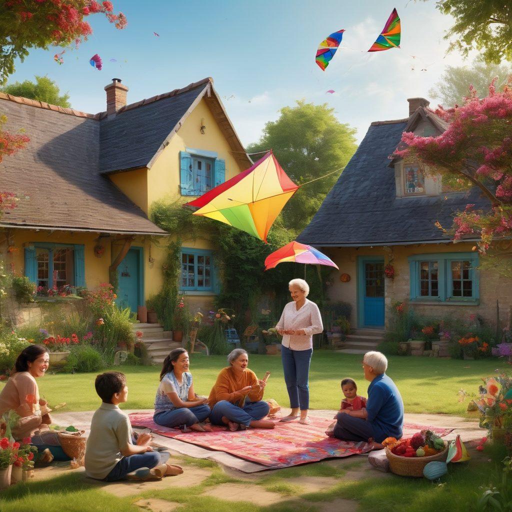 A vibrant scene capturing multiple generations of a family joyfully interacting, showcasing a whimsical blend of traditional and modern elements. Include a playful village backdrop with children flying kites, parents sharing stories, and grandparents passing down traditions with colorful objects embodying heritage. Emphasize warmth, connection, and the joy of parenthood. vibrant colors. super-realistic.
