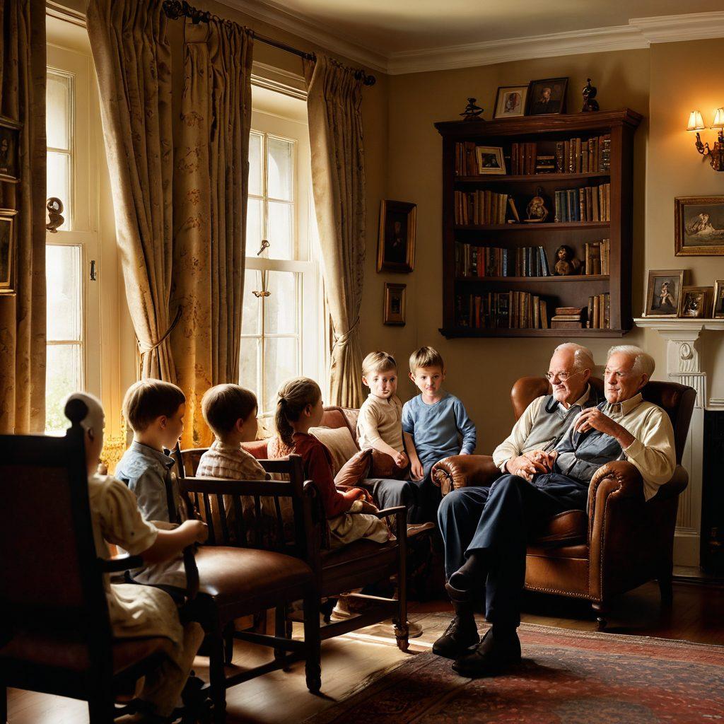 A cozy, dimly-lit room filled with family photographs and old books, a wise grandfather figure sharing stories with children gathered around him, warm colors creating a nostalgic atmosphere. A gentle light illuminating the wisdom in his eyes, with a backdrop of soft, flowing curtains and antique furniture. Illustrate the essence of family bonds and legacy through narratives. super-realistic. warm tones. nostalgic ambiance.