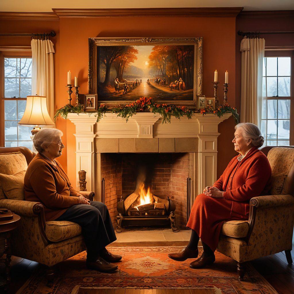 A warm, inviting family gathering scene with multiple generations sharing stories around a cozy fireplace. The room is adorned with family portraits and heirlooms, highlighting the importance of legacy. An elderly figure animatedly narrating while younger members listen intently, capturing the essence of wisdom passed down through time. Soft, warm lighting creates a nostalgic atmosphere. painting. vibrant colors.
